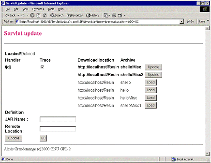 Servlet supporting Web archive update, delete, display